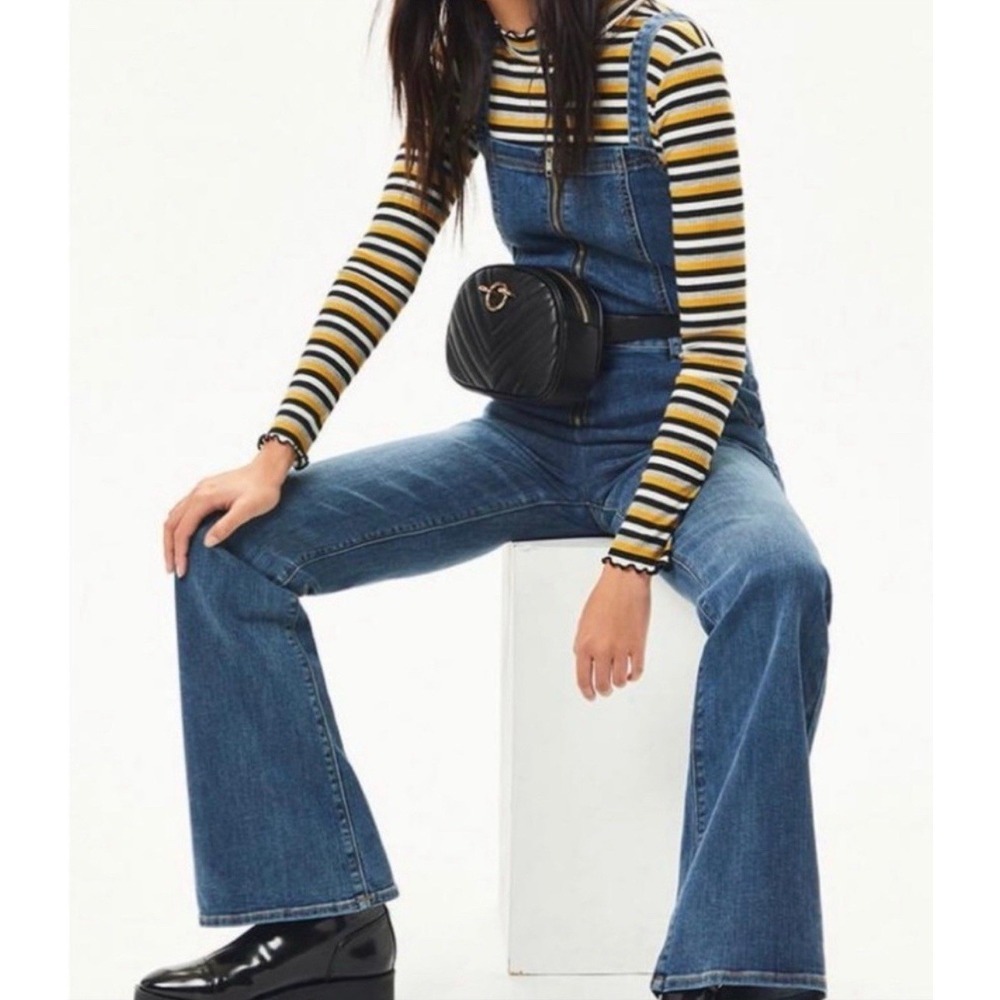 PacSun Front Zip Flare Leg Denim Overall Jumpsuit Adjustable Straps Blue SZ XS